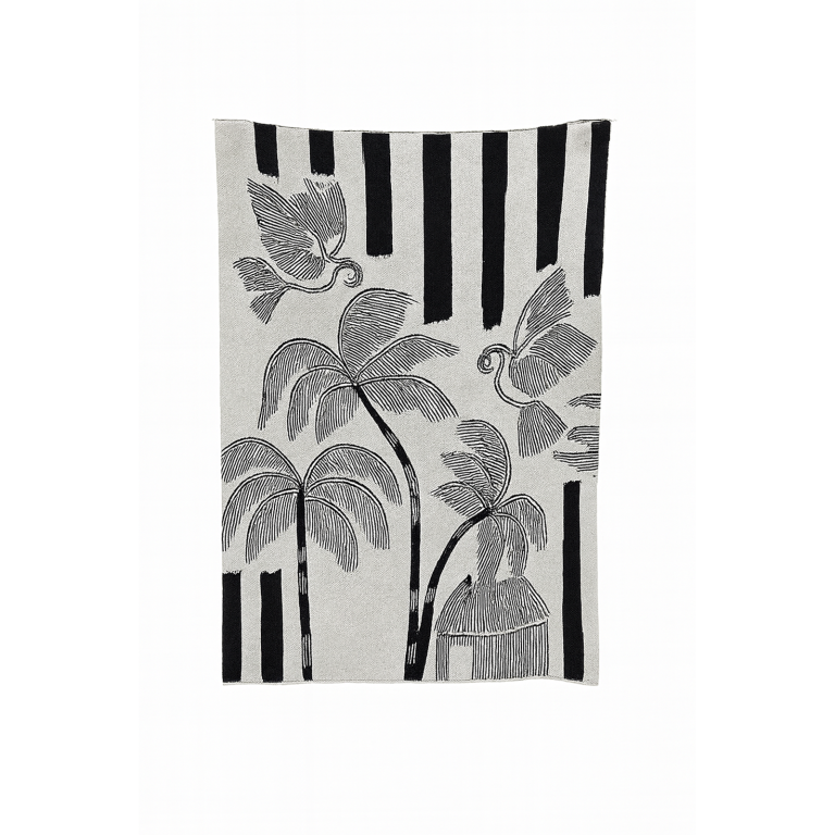 Bird & Palm Cotton Throw | Natural & Black