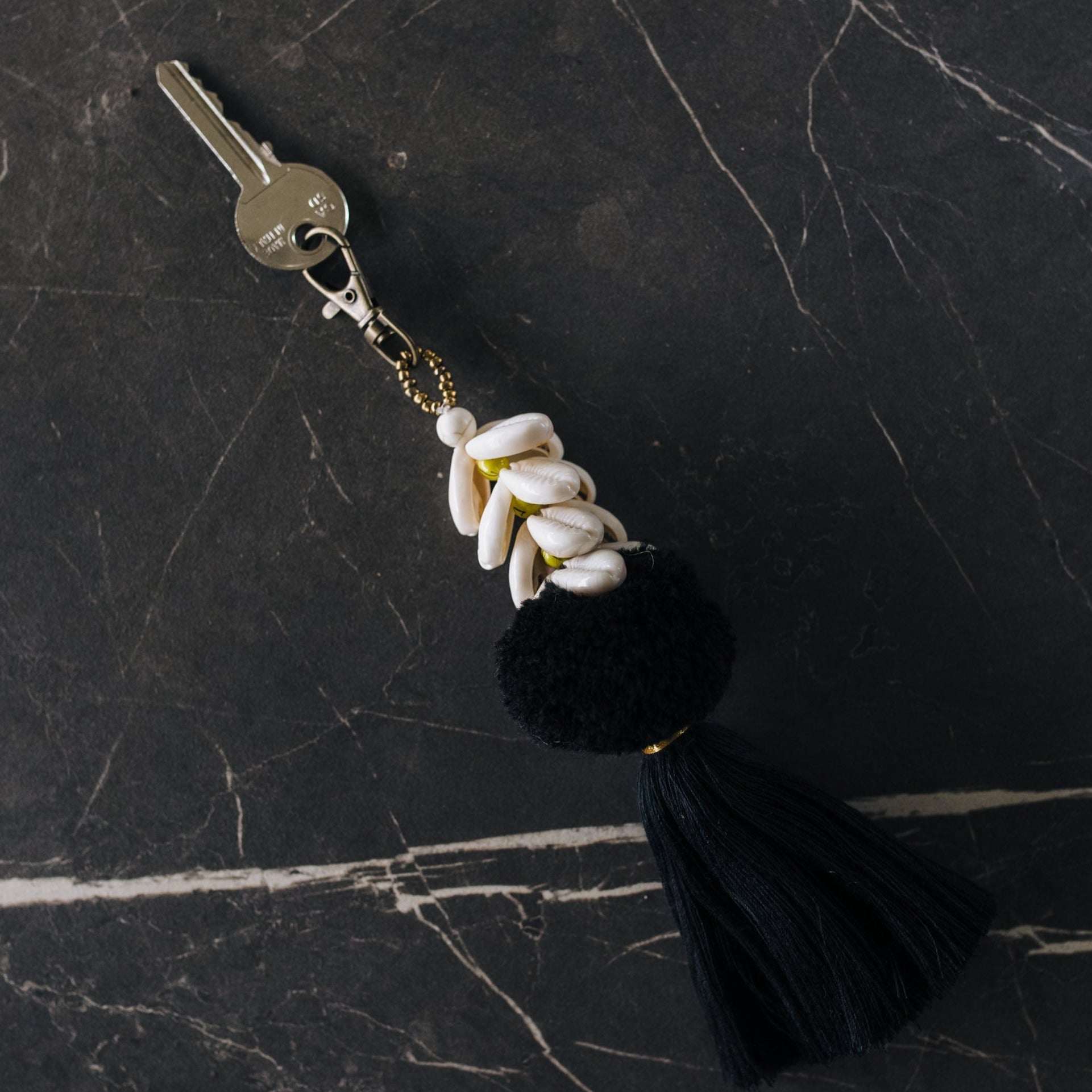 Black Pom Pom with Cowrie Shell Keychain