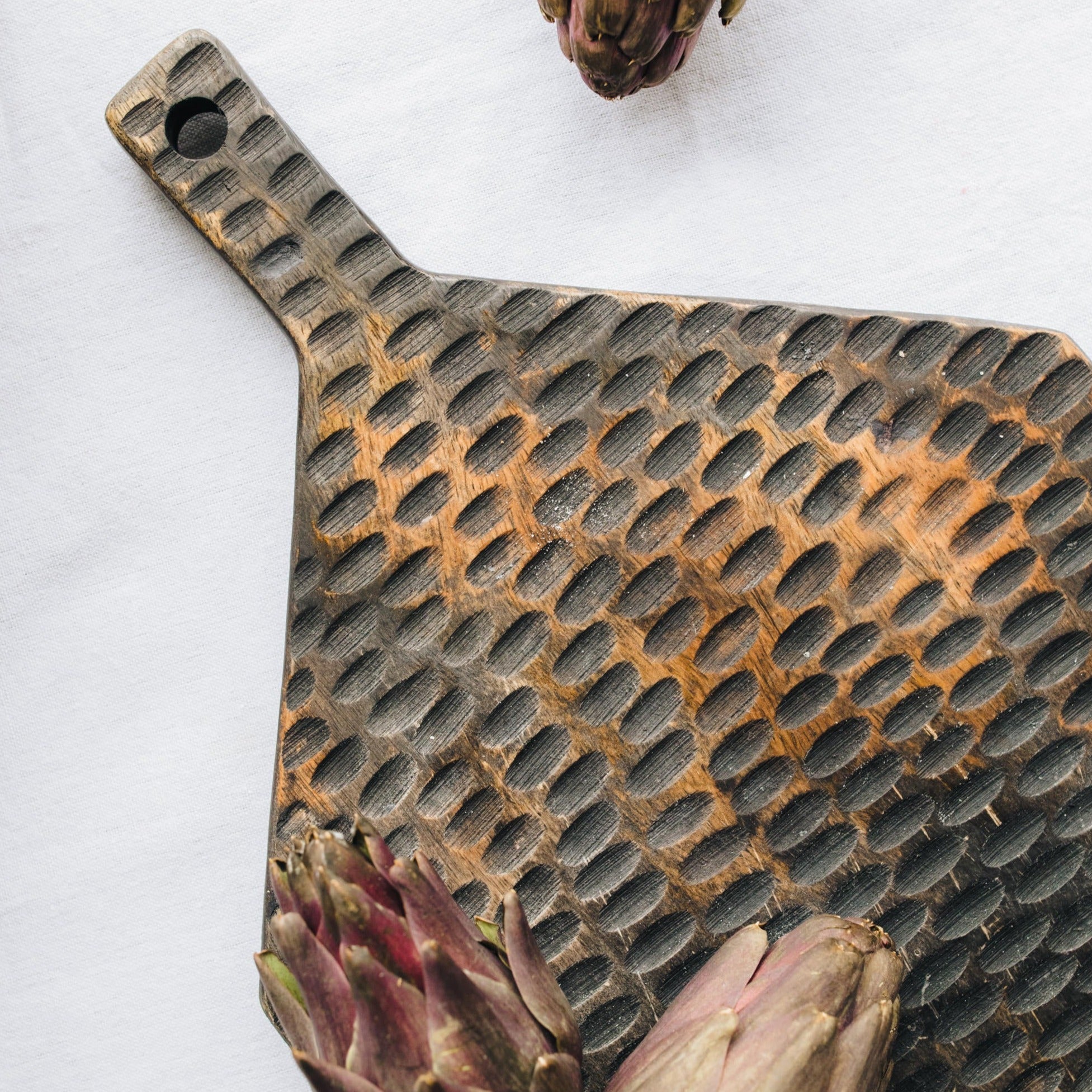 Dark Wooden Chopping Board with Dents & Handle