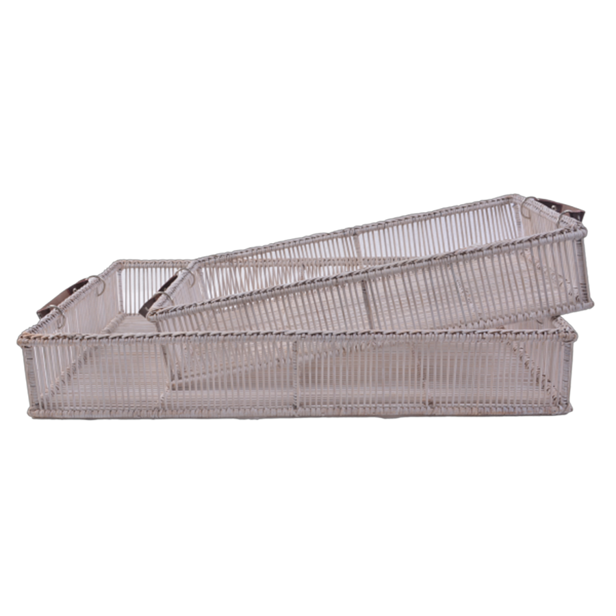 Rattan Tray With Leather Handles | White