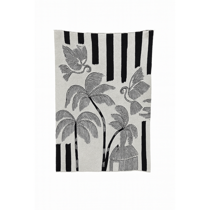Bird &amp; Palm Cotton Throw | Natural &amp; Black