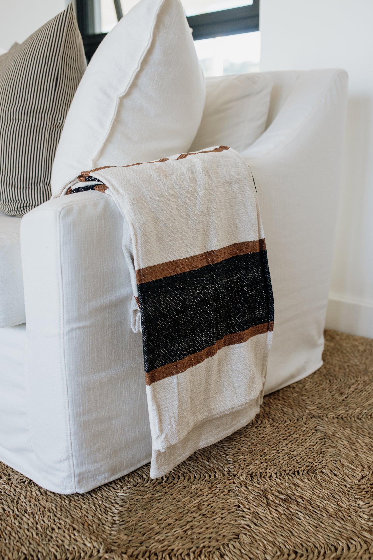 Cotton &amp; Velvet Throw  | Natural, Ivory and Black