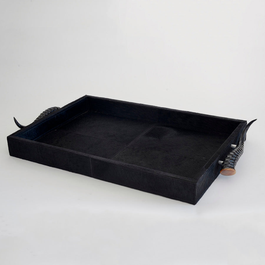 Cow Skin Tray with Springbok Horn Handles | Black