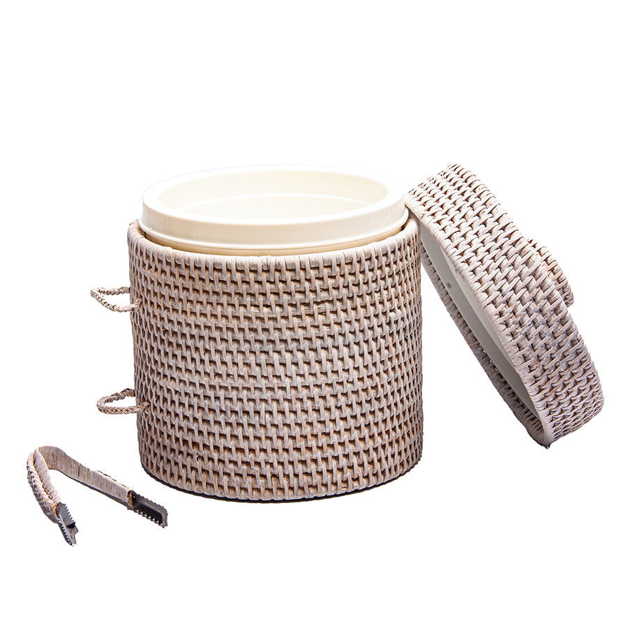 Rattan Ice Bucket with Tongs | White