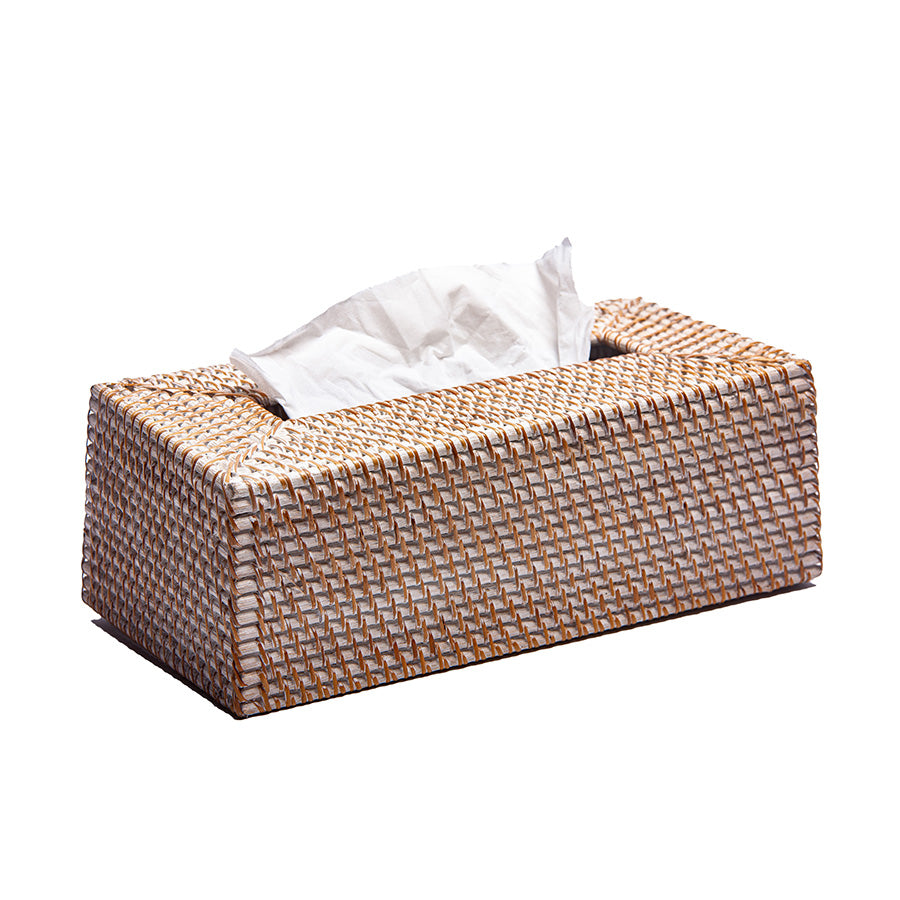 Whitewash Rectangular Rattan Tissue Box