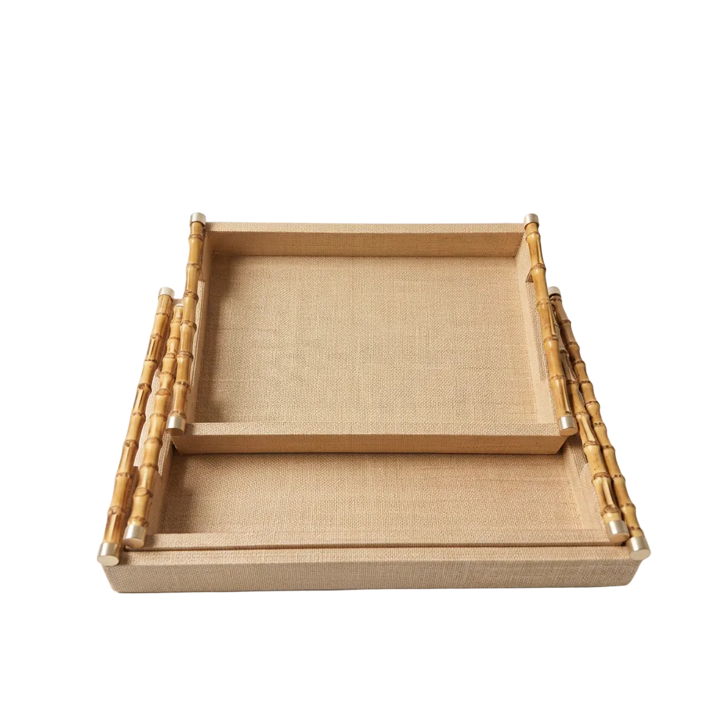 RAFFIA  TRAY WITH  BAMBOO HANDLES Set of 3