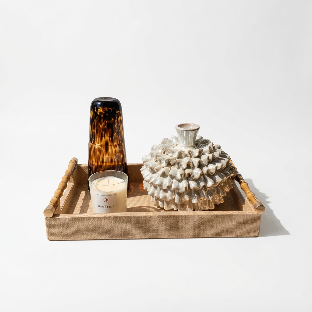 RAFFIA  TRAY WITH  BAMBOO HANDLES Set of 3