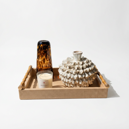RAFFIA  TRAY WITH  BAMBOO HANDLES Set of 3