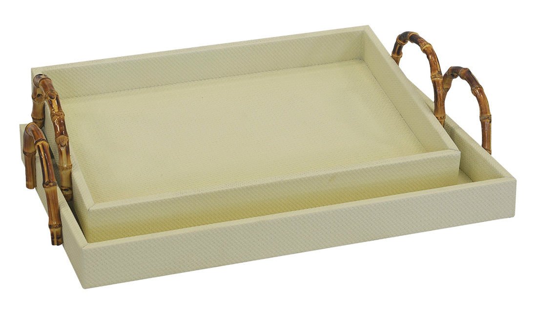 SHAGREEN TRAY WITH BAMBOO HANDLES  Set of 2 | CREAM
