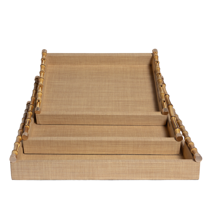 RAFFIA  TRAY WITH  BAMBOO HANDLES Set of 3