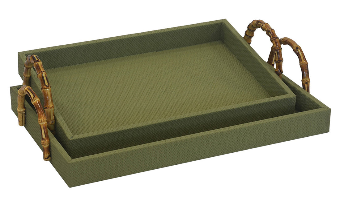 SHAGREEN TRAY WITH BAMBOO HANDLES  Set of 2 | SAGE GREEN