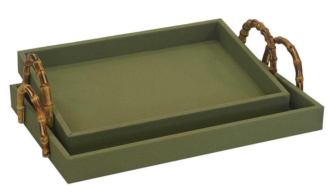 SHAGREEN TRAY WITH BAMBOO HANDLES  Set of 2 | SAGE GREEN