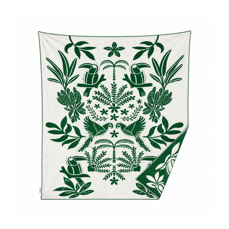 Toucan Bird Pattern Cotton Throw  | Green &amp; Natural