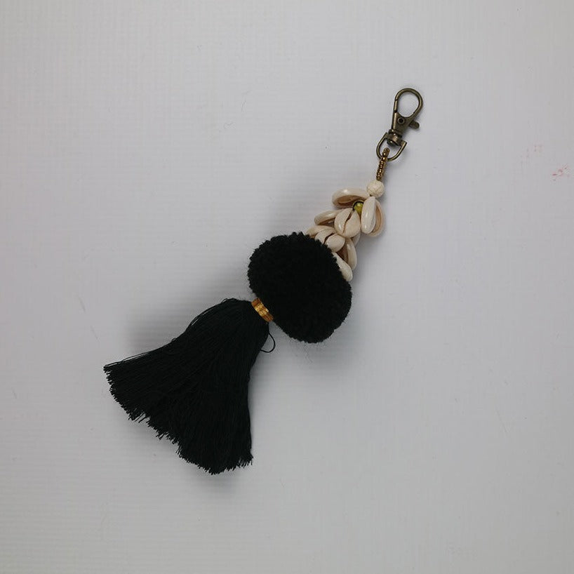 Black Pom Pom with Cowrie Shell Keychain